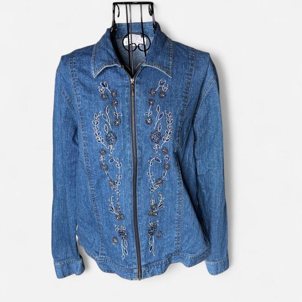 Susan Graver Style Beaded Floral Denim Jacket Medium Zip Front Medium Wash Blue